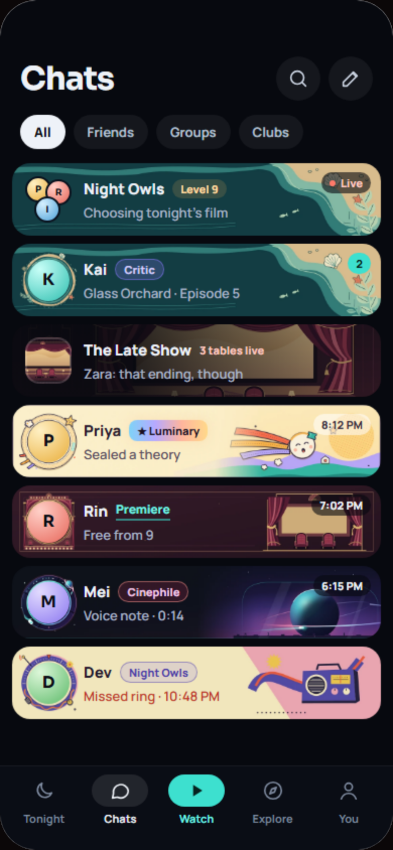 Chats in CoWatch with each friend's nameplate, frame and title