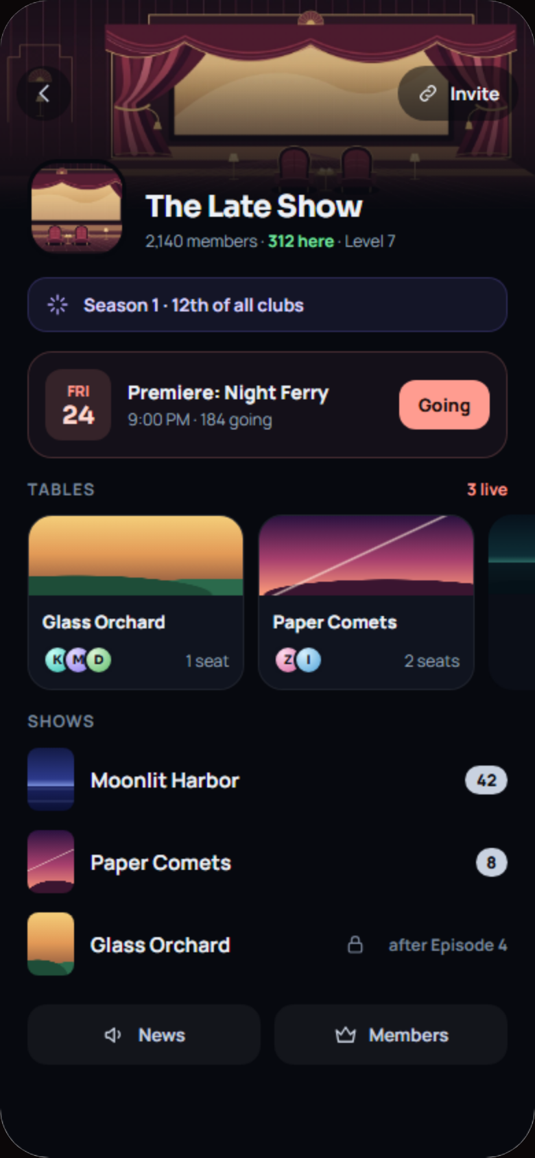 A CoWatch club with its tables, premiere night and shows